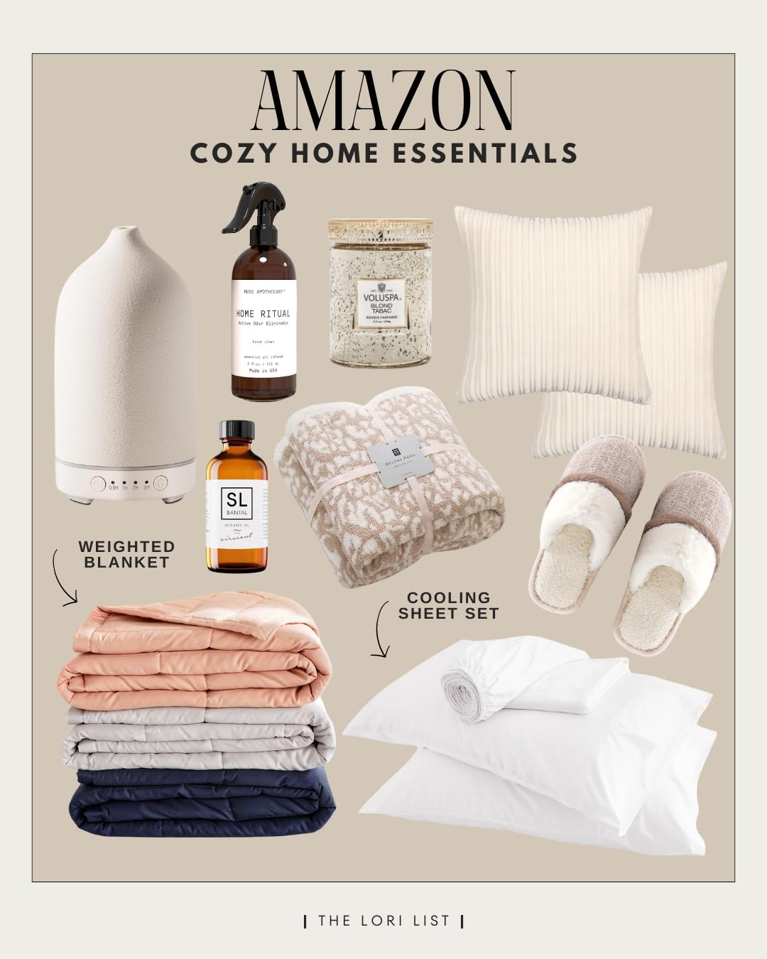 Amazon cozy home essentials collage featuring weighted blankets in navy, gray, and peach, beige cheetah print throw blanket, essential oil diffuser, Voluspa candles, cooling bed sheets, linen bed spray, cozy slippers, and textured decorative throw pillows.