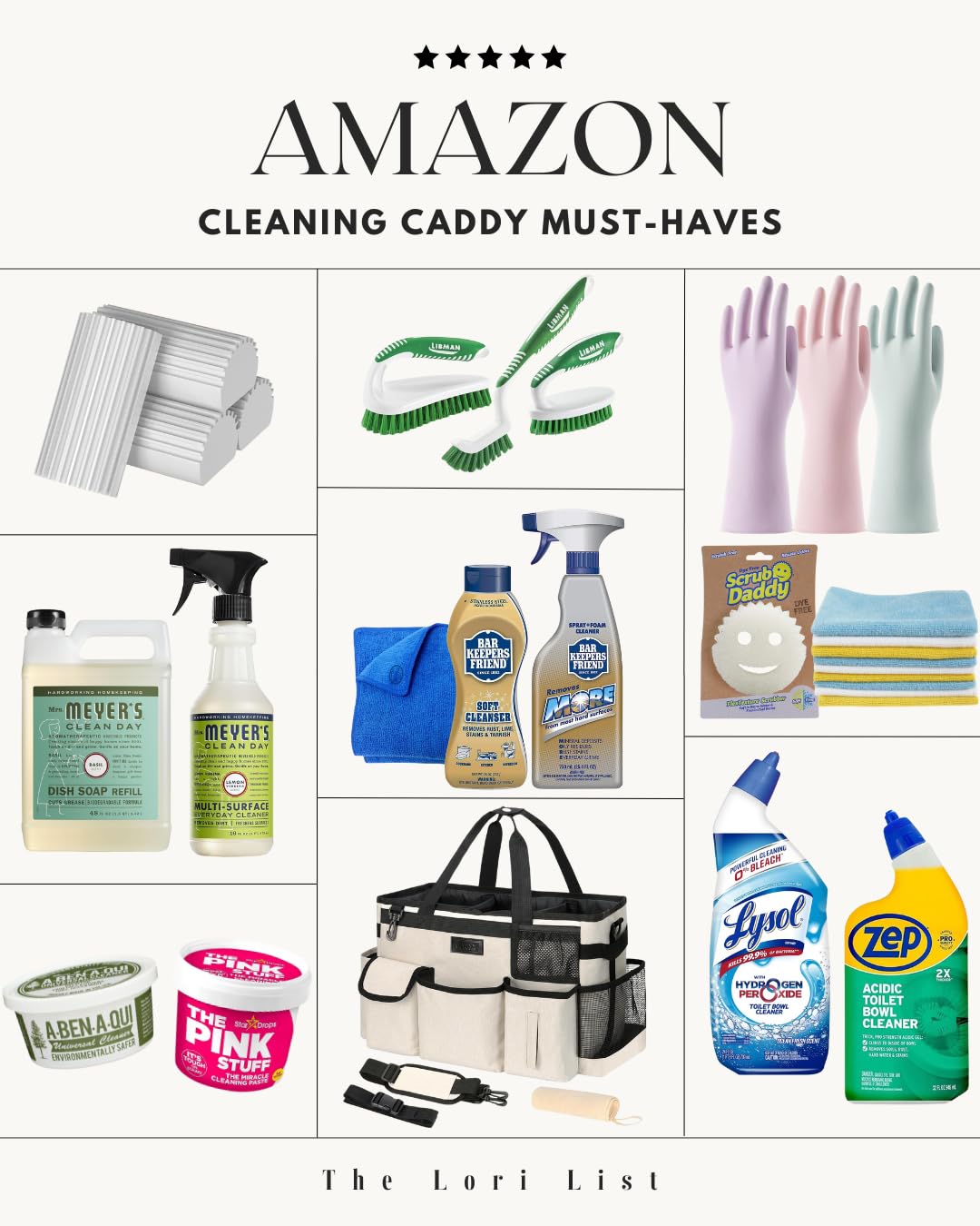Amazon cleaning caddy must-haves collage with cleaning caddy tote, microfiber cloths, dust sponges, rubber gloves, Scrub Daddy sponge, The Pink Stuff cleaning paste, Bar Keepers Friend, Mrs. Meyer’s cleaners, Lysol, Zep cleaner, and multipurpose scrub brushes.